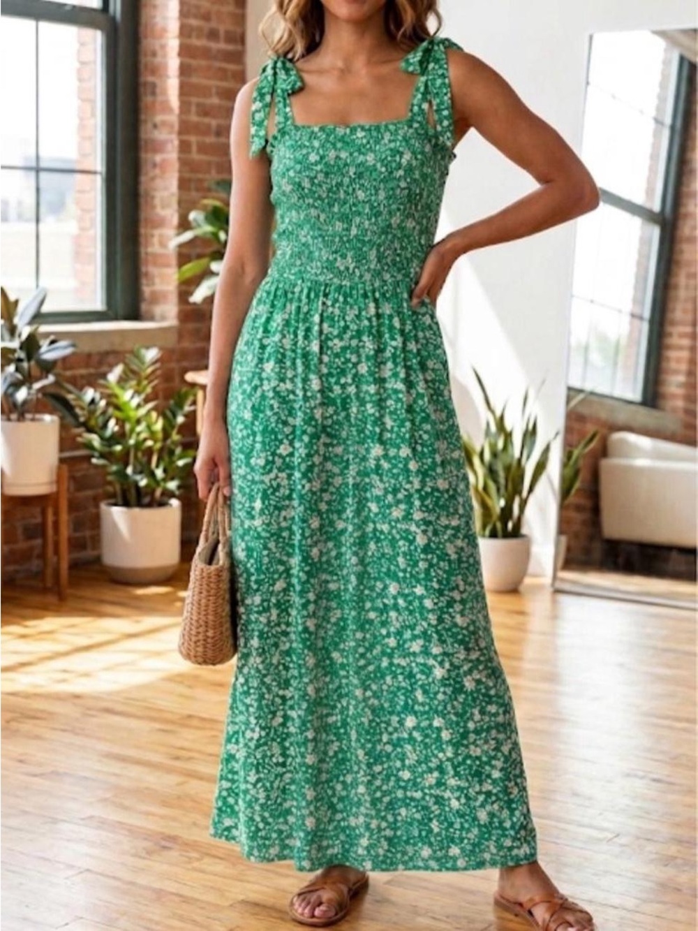 Green Floral Tie-Shoulder Maxi Dress